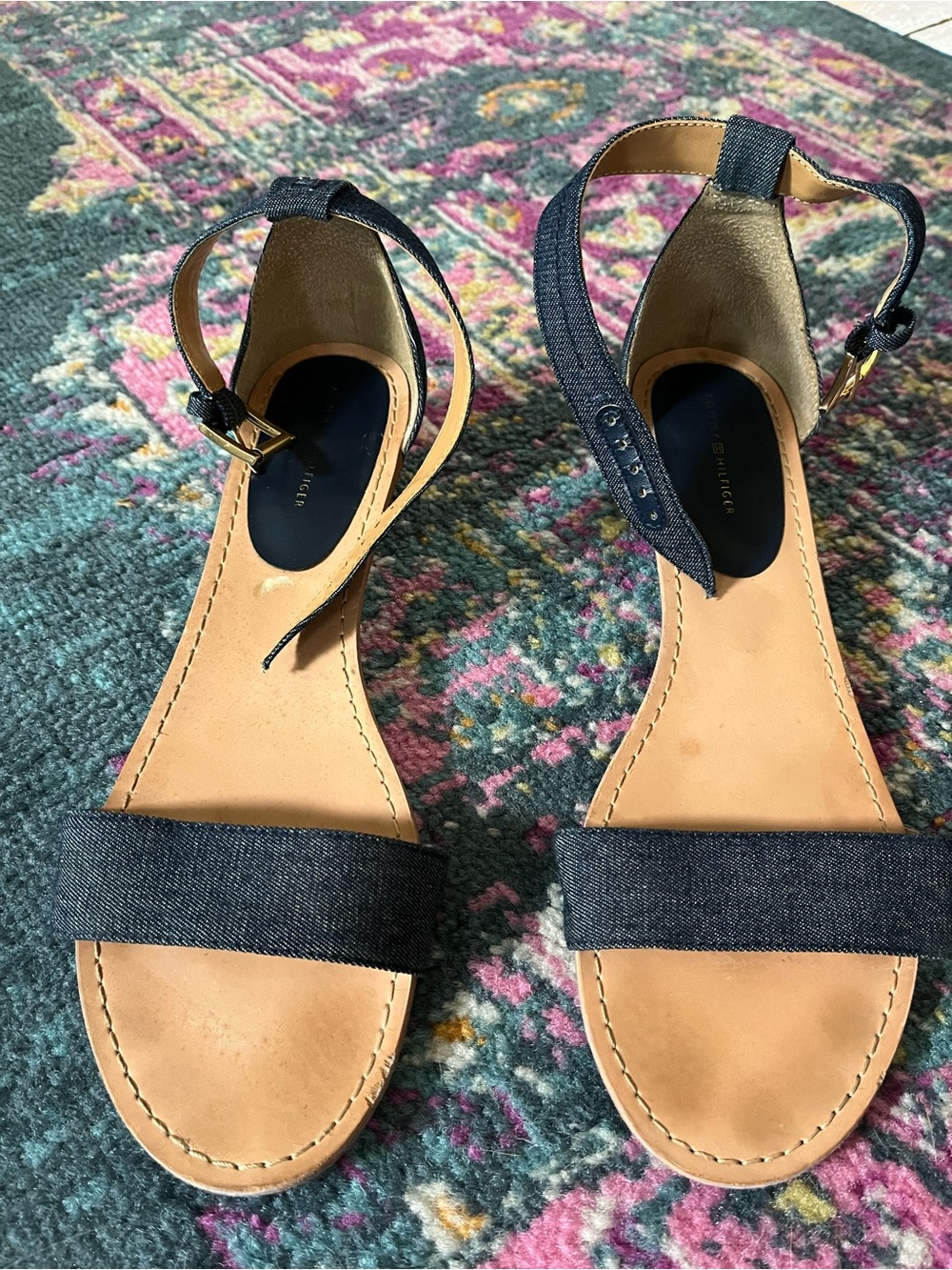 Tommy Hilfiger Denim Navy and Tan Ankle-Strap Sandals